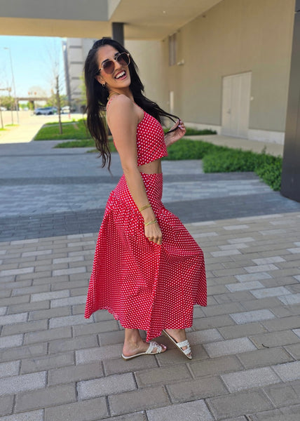 Rendezvous Red & White Polka 2 Pc Top & Midi Skirt Set