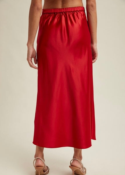 All In Spirit Red Satin Midi Skirt