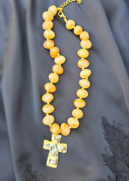 Amber Beaded Cross Charm Necklace
