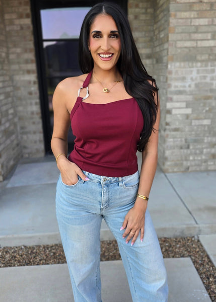 To Be Happy Burgundy Halter Top With Gold Accent