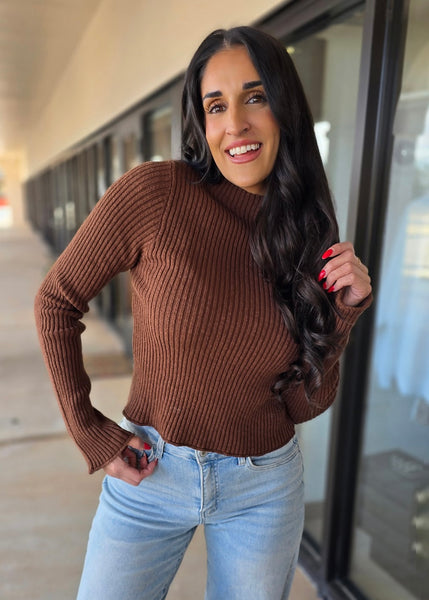 Wherever You Go Mock Neck Fitted Sweater - Chocolate Brown