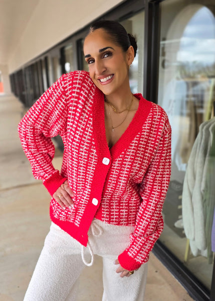 Make A Plan Red & White Fuzzy Cardigan