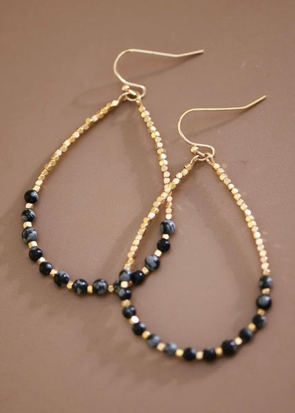 Onyx Stone Beaded Teardrop Wire Earrings