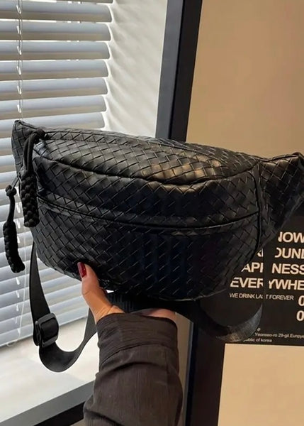 Black Woven Atlas Vegan Leather Crossbody Bum Bag