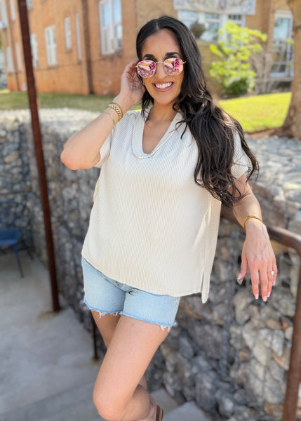 Here For It Cream Corded Ribbed Short Sleeve Top