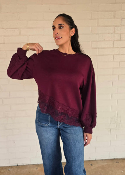 Wine & Dine Lace Trimmed Long Sleeve Top