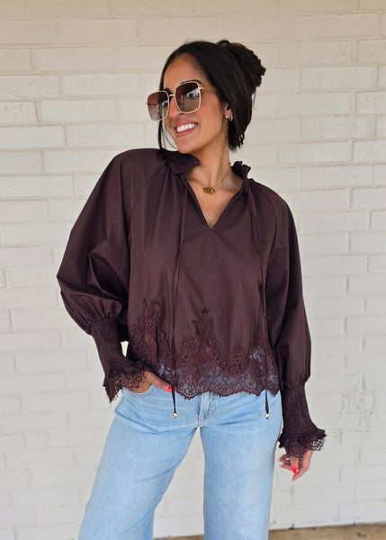 Made For Me Brown & Lace Long Sleeve Top