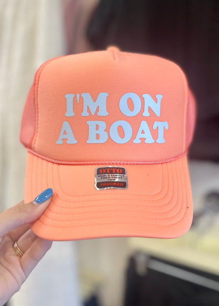 "I'm On A Boat" Trucker Hat - Coral/Blue
