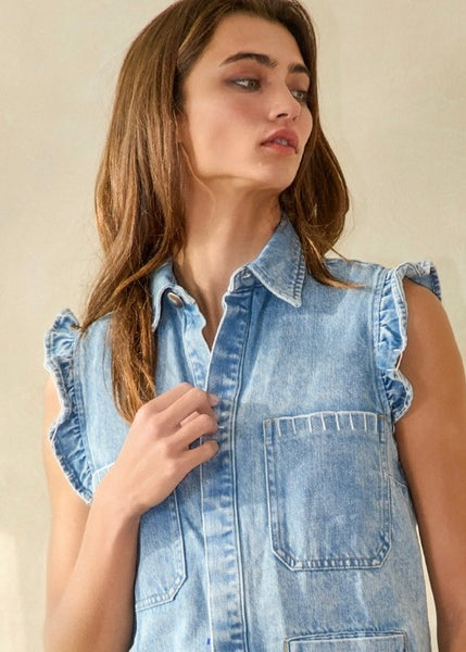 Ruffle Adorned Denim Vest