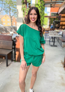 As You Are Kelly Green French Terry Off Shoulder Top - Large