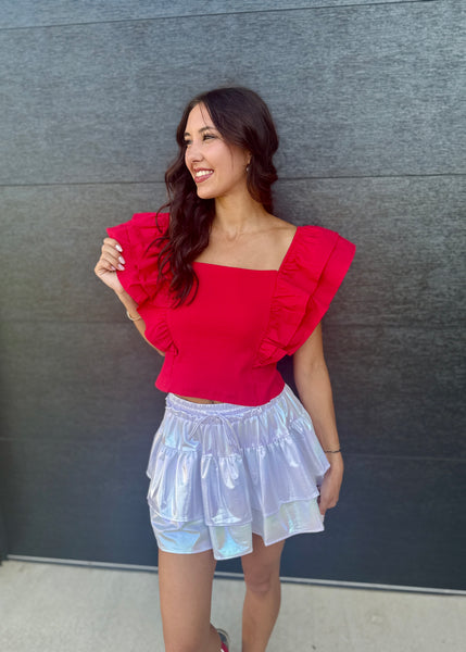 Social Delight Red Top With Ruffle Sleeves