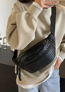 Black Woven Atlas Vegan Leather Crossbody Bum Bag
