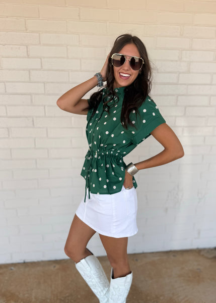 Simon Says Green & White Polka Dot Tie Top