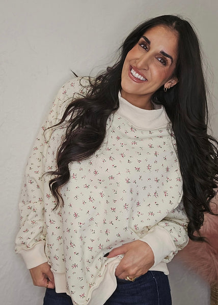 Floral Print Oversized Mock Neck Sweatshirt