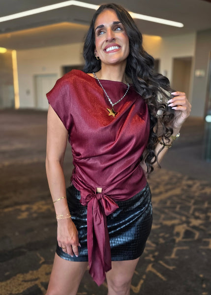 Positive Attitude Burgundy Asymmetrical Tie Waist Blouse