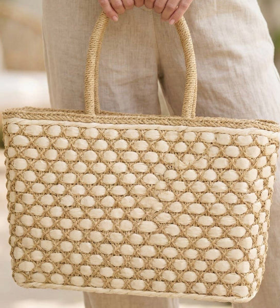 Woven Lattice Straw Tote Bag