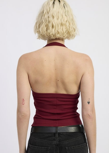 To Be Happy Burgundy Halter Top With Gold Accent