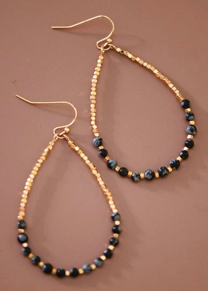 Onyx Stone Beaded Teardrop Wire Earrings