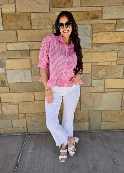 Reaching Out Pink Striped Button Up Top