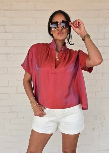 Sunset Serenade Rust Iridescent Short Sleeve Top