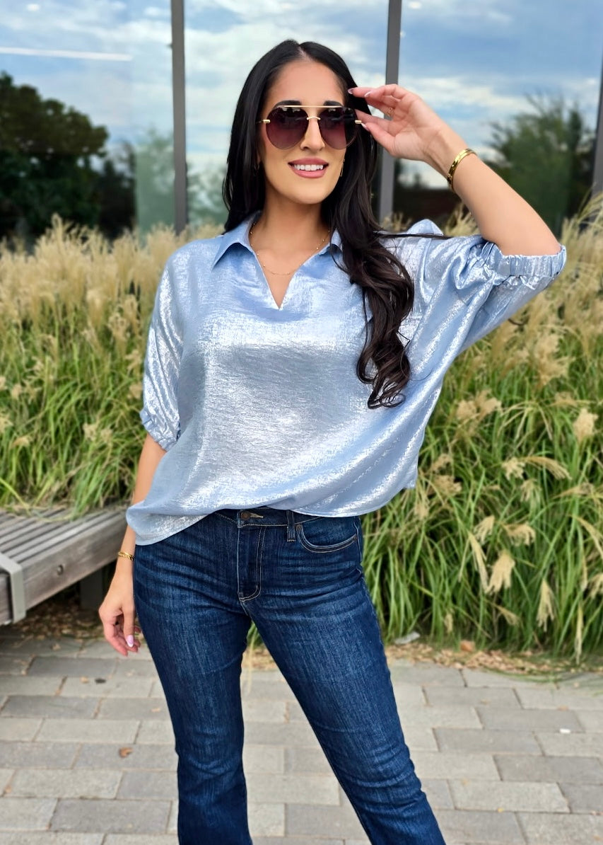Shining Star Baby Blue Shimmer Collared Top