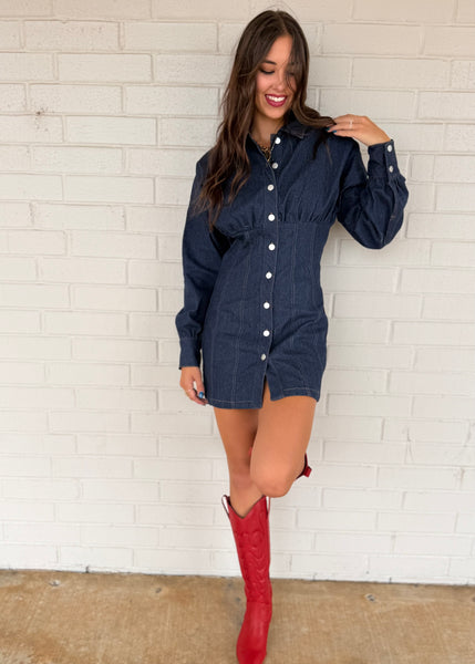 Plan For It Dark Denim Mini Shirt Dress