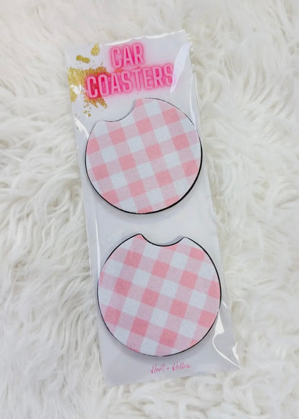 Pink Gingham Neoprene Car Coaster