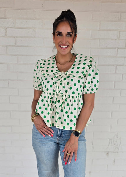 The Only One Green Polka Dot Front Tie Top