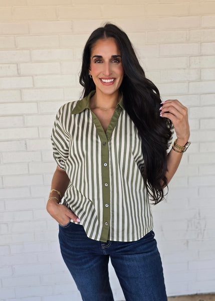 No Bother Olive/White Striped V-Neck Top