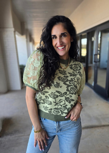 Sweet Sage Floral Lace Puff Sleeve Top