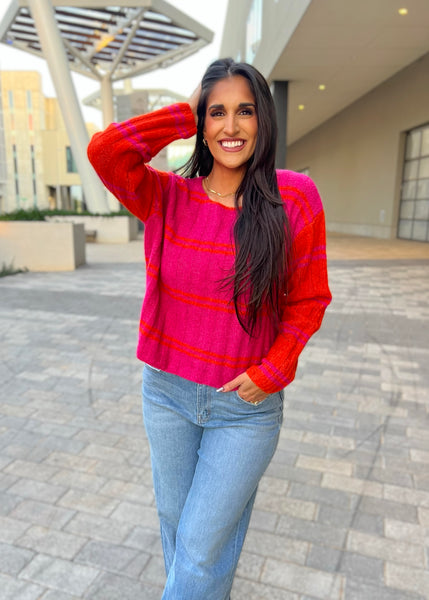 A Cozy Place Fuchsia/Orange Striped Sweater - XL