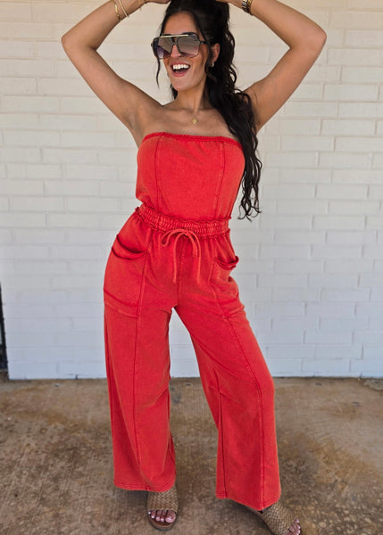 No Exposure Red Strapless Jumpsuit