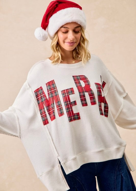Plaid "Merry" White Waffle Long Sleeve