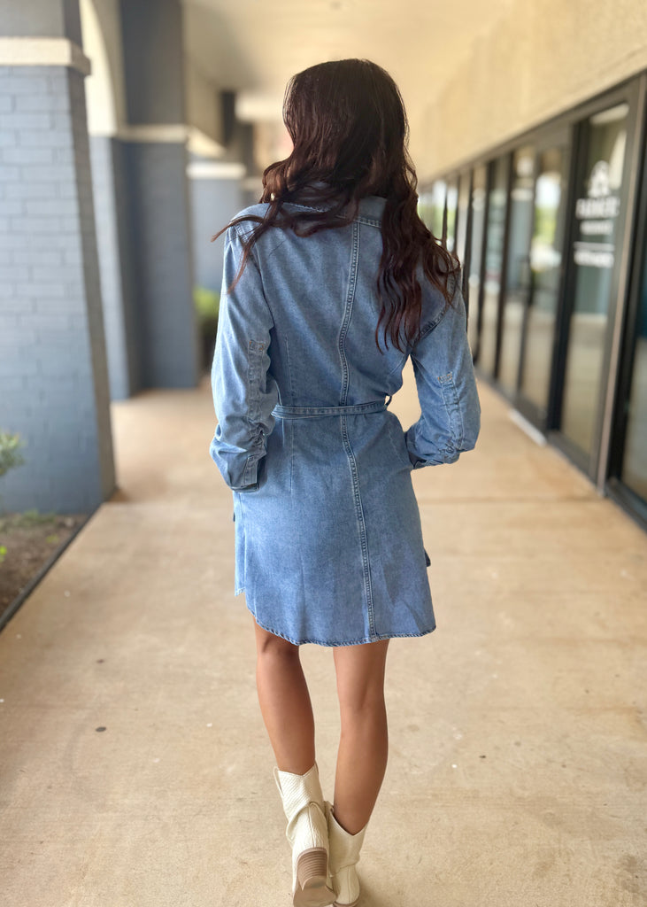 denim shirt dress with heels Women's Outfit: Blue Denim Shirtdress, Black Suede Pumps, Black Leather Crossbody Bag