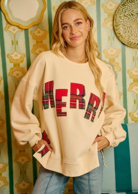 Merry Side Bow Christmas Sweatshirt - Cream/Plaid