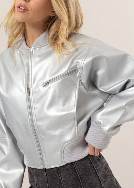 Fierce Feeling Silver Faux Leather Bomber Jacket