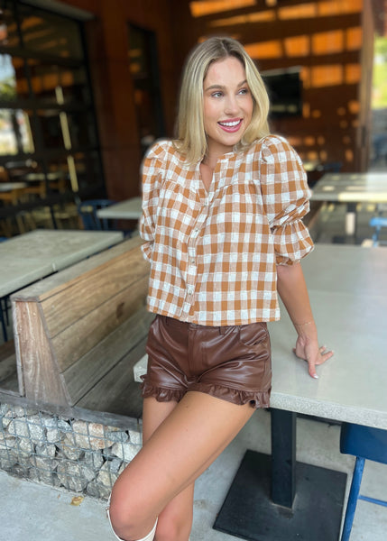 Extra Fabulous  Brown Faux Leather Ruffle Shorts