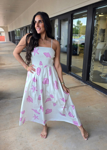 Seashells On The Shore White/Pink Midi Dress