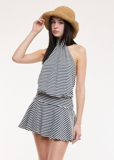 You Got Me Navy Striped Backless Halter Mini Dress-Romper