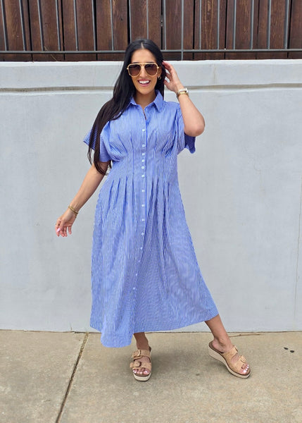 Right On Time Blue Striped Midi Dress