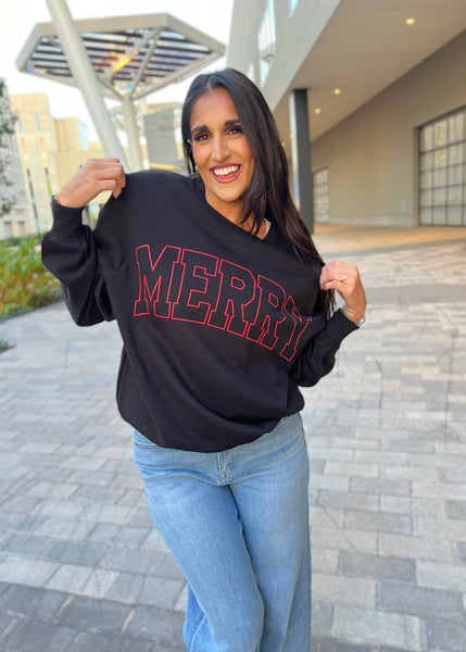 "MERRY" Black Crewneck  Graphic Sweatshirt