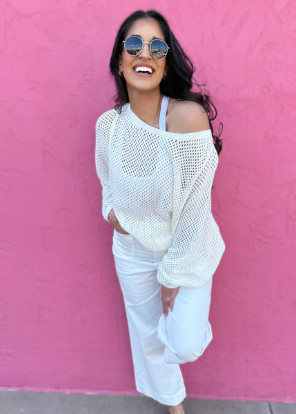 Ocean Spray White Crochet Sweater - Large