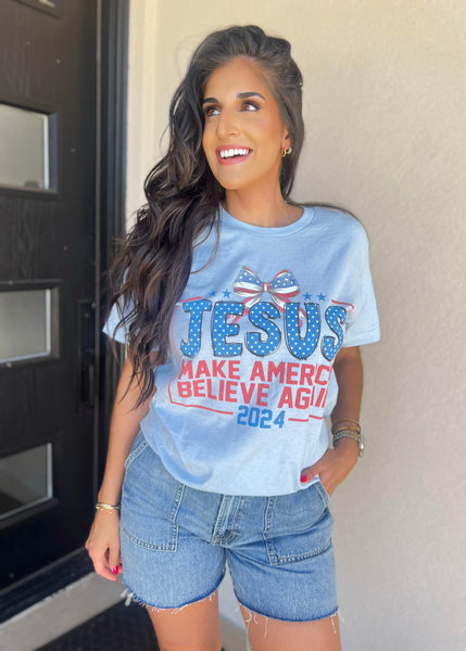 "Jesus Make America Believe Again" Blue Graphic Tee