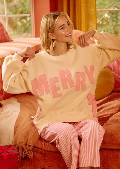 Merry Side Bow Christmas Sweatshirt - Cream/Pink
