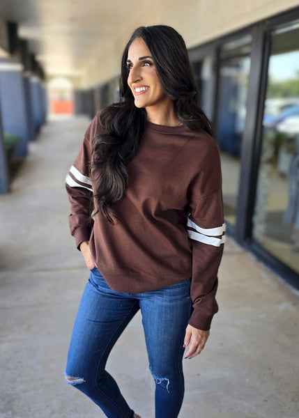 On Varsity Striped Brown Crewneck
