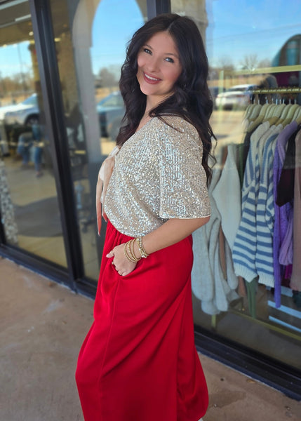 Shine Bright Satin Bow Sequin Top