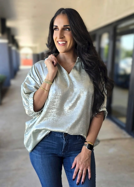 Shining Star Sage Shimmer Collared Top