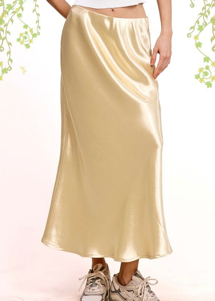 Shimmer Time Beige Gold Satin Midi Skirt