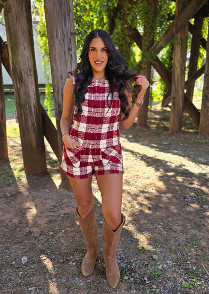 Figuring It Out Burgundy/White Plaid Tweed Romper