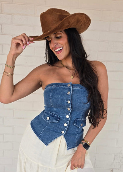 Country Girls Dream Strapless Denim Button Up Top